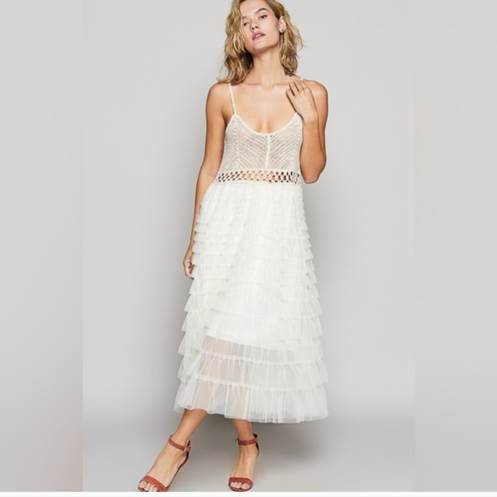 POL White Ecry Tulle Ruffled Midi Dress with Crochet Waist Top